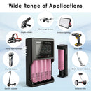 Six Samsung 30Q batteries with VC4SL and MC1 chargers – powering vapes, flashlights, and RC hobbies in a workshop setting.
