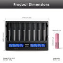 Samsung 30Q battery (65x18mm) and XTAR VC8 charger dimensions (185mm x 145mm x 35mm).