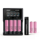 Samsung 35E 18650 3500mAh 8A button top 6-pack with XTAR VC4SL and MC1 chargers – complete long-run power kit for camping and outdoor adventures.