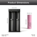 Samsung 35E flat top – 65mm x 18.3mm. XTAR MC2 charger – 90mm x 44mm x 30mm.