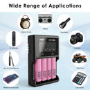 Four Samsung 35E flat top batteries charging in XTAR VC4SL – powering EDC flashlights, camping lights, and portable devices.