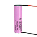 Samsung 35E 18650 battery with pre-soldered Red (Positive) and Black (Negative) wire leads for plug-and-play direct replacement. 3500mAh, 8A capacity.