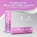 Samsung INR18650-35E 3400mAh battery capacity and cycle life chart showing true 3400mAh capacity, 8A discharge performance (2C), and 500+ cycle life.