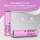 Samsung 35E 18650 battery 3500mAh capacity chart showing 40% more runtime than 25R and 17% more than 30Q, with stable 8A discharge.