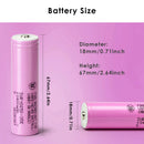 Samsung 35E 18650 battery standard dimensions measuring 18mm diameter by 65mm height, weighing 48g. (Note: Button top or protected versions will be slightly longer).