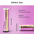 Samsung INR18650-35E 3400mAh battery detailed dimensions showing Flat Top 65mm, Button Top 67mm, and Protected Button Top 69mm lengths, 18mm diameter, with 3.7V nominal voltage specs.