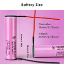 Samsung INR18650-35E 3400mAh battery detailed dimensions showing Flat Top 65mm, Button Top 67mm, and Protected Button Top 69mm lengths, 18mm diameter, with 3.7V nominal voltage specs.