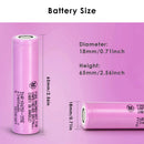 Samsung 35E 18650 battery standard dimensions measuring 18mm diameter by 65mm height, weighing 48g. (Note: Button top or protected versions will be slightly longer).