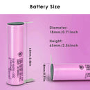 Samsung 35E 18650 battery standard dimensions measuring 18mm diameter by 65mm height, weighing 48g. (Note: Button top or protected versions will be slightly longer).