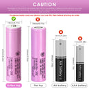 Samsung INR18650-35E battery terminal guide showing Flat Top (65mm), Button Top (67mm), Nickel Tab, Protected Button Top (69mm), and Pre-wired with Leads options.
