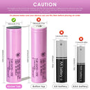 Samsung INR18650-35E battery terminal guide showing Flat Top (65mm), Button Top (67mm), Nickel Tab, Protected Button Top (69mm), and Pre-wired with Leads options.
