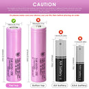 Samsung 35E 18650 battery terminal guide comparing the flat top original cell with the third-party button top modification. 65mm original length; button top adds extra length.