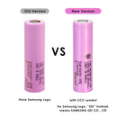 Samsung INR18650-35E battery terminal guide showing Flat Top (65mm), Button Top (67mm), Nickel Tab, Protected Button Top (69mm), and Pre-wired with Leads options.
