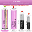 Samsung 35E 18650 battery terminal guide comparing the flat top original cell with the third-party button top modification. 65mm original length; button top adds extra length.