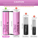 Samsung INR18650-35E battery terminal guide showing Flat Top (65mm), Button Top (67mm), Nickel Tab, Protected Button Top (69mm), and Pre-wired with Leads options.
