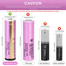 Samsung INR18650-35E battery terminal guide showing Flat Top (65mm), Button Top (67mm), Nickel Tab, Protected Button Top (69mm), and Pre-wired with Leads options.

