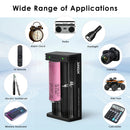 Samsung 35E batteries and XTAR MC2 charger in use – charging for camping headlamps and outdoor gear.