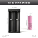 Samsung 35E battery – 65mm x 18.3mm. XTAR MC2 charger – 90mm x 44mm x 30mm.