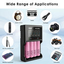 Four Samsung 35E batteries charging in XTAR VC4SL – powering flashlights, vapes, and outdoor gear for long trips.