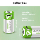Smartools 1.5V D size 12000mWh rechargeable battery detailed dimensions, Type-C charging interface, and technical specifications.