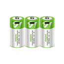 Smartools 1.5V D size 12000mWh USB-C rechargeable button top lithium battery with 1.5V constant voltage output, Type-C cable, and premium leather storage case included.