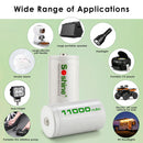 Wide applications of Soshine 1.2V D size 11000mAh NiMH rechargeable button top batteries for gas stove igniters, water heaters, flashlights, and portable radios.
