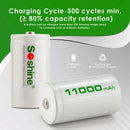 Soshine 1.2V D size 11000mAh NiMH battery cycle life chart showing stable capacity retention after 300 charge and discharge cycles.