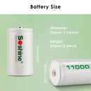Soshine 1.2V D size 11000mAh NiMH battery detailed dimensions measuring 33mm diameter by 61.5mm height, with full technical specifications and low self-discharge chart.