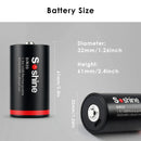 Soshine 1.5V D size 6000mWh rechargeable battery detailed dimensions measuring 32mm diameter by 62mm height, with technical specs table and 65g weight.