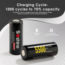 Soshine 26650 5500mAh protected battery top view showing PCB and button top