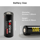 Soshine 26650 5500mAh battery size compared to standard 18650 cell