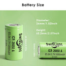 Mechanical dimensions of SwisLight ICR26650A 20A Flat Top and Button Top battery.
