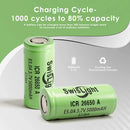 SwisLight ICR26650A 5000mAh battery cycle life and discharge capacity test chart.