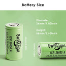 Technical size dimensions of SwisLight ICR26650A 5000mAh battery (Flat and Button Top).