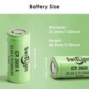 Technical size dimensions of SwisLight ICR26650A 5000mAh battery (Flat and Button Top).
