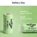 Physical dimensions of the SwisLight INR26650A 20A Small Button Top battery.