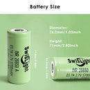 Detailed size diagram of SwisLight INR26650A 5700mAh Flat Top and Button Top battery.
