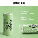 Detailed size diagram of SwisLight INR26650A 5700mAh Flat Top and Button Top battery.