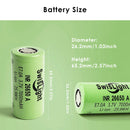 Technical size drawings for SwisLight INR26650A 7000mAh Flat, Large Button, and Small Button Top.