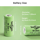 Technical size drawings for SwisLight INR26650A 7000mAh Flat, Large Button, and Small Button Top.