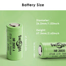 Technical size drawings for SwisLight INR26650A 7000mAh Flat, Large Button, and Small Button Top.