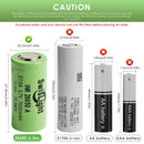 SwisLight INR26650A 7000mAh battery terminal options: Flat, Large Button, and Small Button Top.