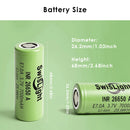 Size dimensions of SwisLight INR26650A 7000mAh protected Flat and Button Top batteries.