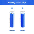 Doublepow 18650 1800mAh battery detailed dimensions showing Flat Top 65mm and Button Top 67mm lengths, 18mm diameter, weighing 42.8g with 3.7V nominal voltage specs.