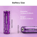 Vapcell H10 14500 1000mAh battery detailed dimensions showing Flat Top 14.0×50.0mm and Button Top 14.0×52.0mm lengths, weighing 20g, with 3.7V nominal voltage and 10A discharge specs.