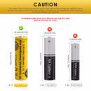 Vapcell 14500 1000mAh battery next to charger with charge indicator LED