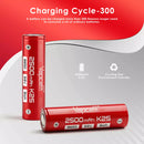 Side profile of Vapcell 18650 2500mAh battery showing flat top terminal and standard 18650 dimensions