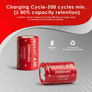 Infographic showing the 2000mAh capacity and 500 recharge cycles lifespan of the Vapcell A20 26350 high-drain Li-ion battery