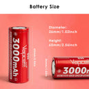 Vapcell D30 26650 battery side by side with standard 18650 and AA battery for size reference
