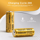 Single Vapcell G53 26650 battery with 5300mAh 20A printed specs on green wrap